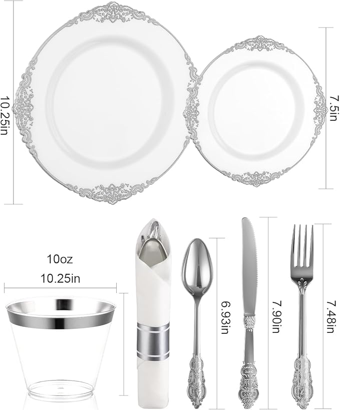 Plates with Silver Border, Disposable Plastic Party Set for 50