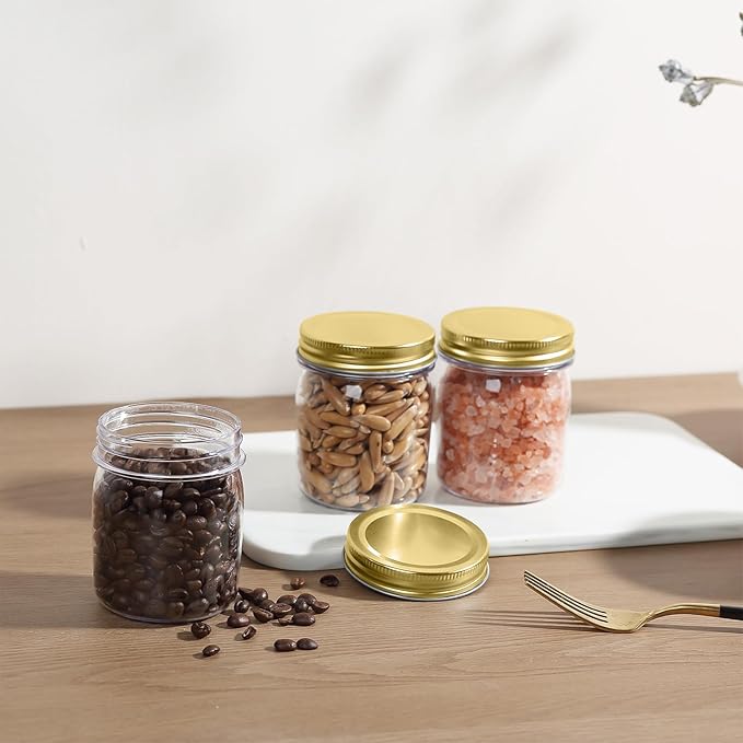 Food Storage Jars 16 Pack, 8 oz Clear PET Plastic with Gold Lids
