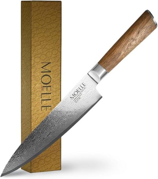 MOELLE Premium Teak Wood Chef Knife 8" - VG10 Damascus Steel 67 Layers, 60+ HRC - Japanese Damascus - Danish Design Kitchen Knife with Elegant Gift Packaging