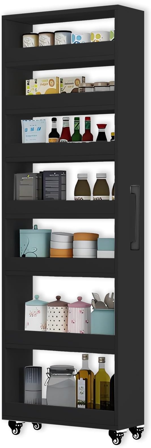 7-Tier Slim Storage Cart, Wooden Rolling Pantry Cabinet with Wheels, Narrow Shelf Organizer for Kitchen, Bakers Rack, Dining Room, Closet, Small Spaces Dark Walnut 73.2''H*7.8''W*19.6''D