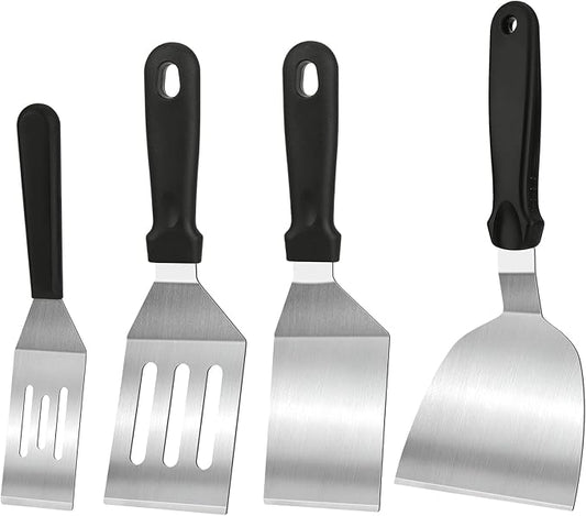 4-Pack Stainless Steel Spatulas for Cast Iron Skillet - Heat Resistant Handle Metal Turner & Scraper Set for Griddle, Pancakes, Burgers and Regular Cookware