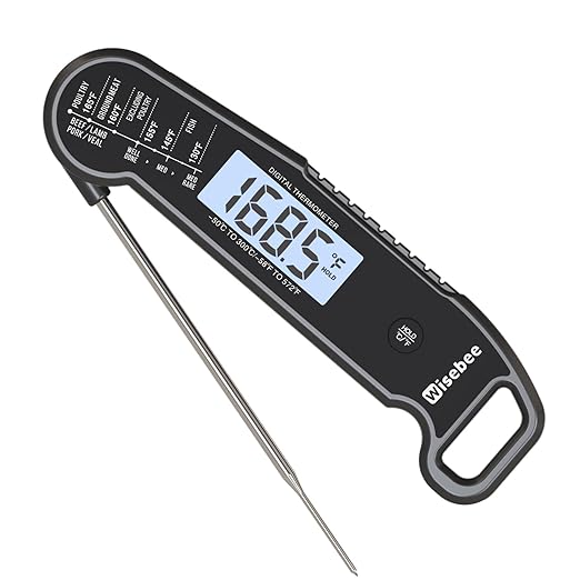 Wisebee Meat Thermometer Digital, 0.5 Sec Instant Read Waterproof Food Thermometer with 180°Auto-Rotate Backlit Display | Anti-Slip Handle | Magnetic Back | Hold Function for Cooking, Black