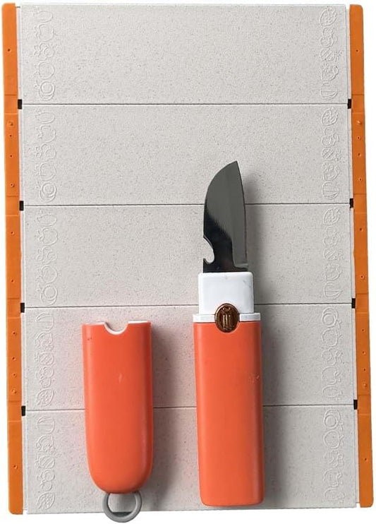5-in-1 Small Cutting Board Set，Multifunctional Travel Stainless Steel Fruit Knife with cover，Outdoor Portable Peeling Fruit Potato Peeler for Travel, Camping, Kitchen (orange)