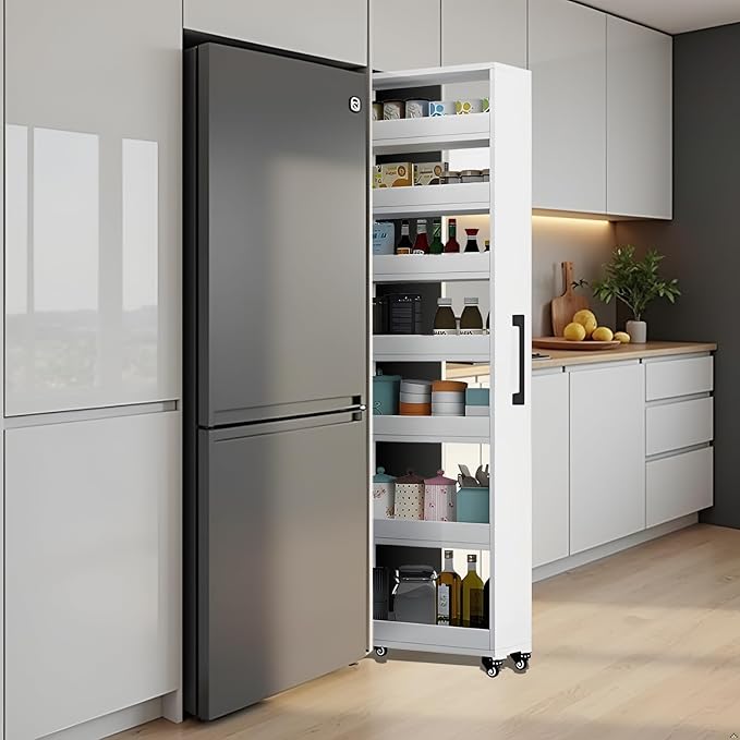 7-Tier Slim Storage Cart, Wooden Rolling Pantry Cabinet with Wheels, Narrow Shelf Organizer for Kitchen, Bakers Rack, Dining Room, Closet, Small Spaces Warm White 47.2" H*5.9" W*16.9" D