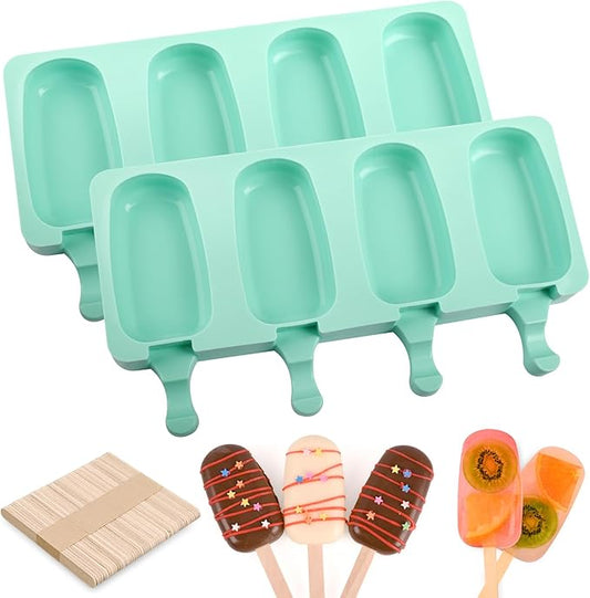 WMKGG Popsicle Silicone Molds Set, 2 PCS Ice Cream Molds with 50 Wooden Sticks for Cake Pop, Ice Pop, Cakesicles (Standard Size/Green)