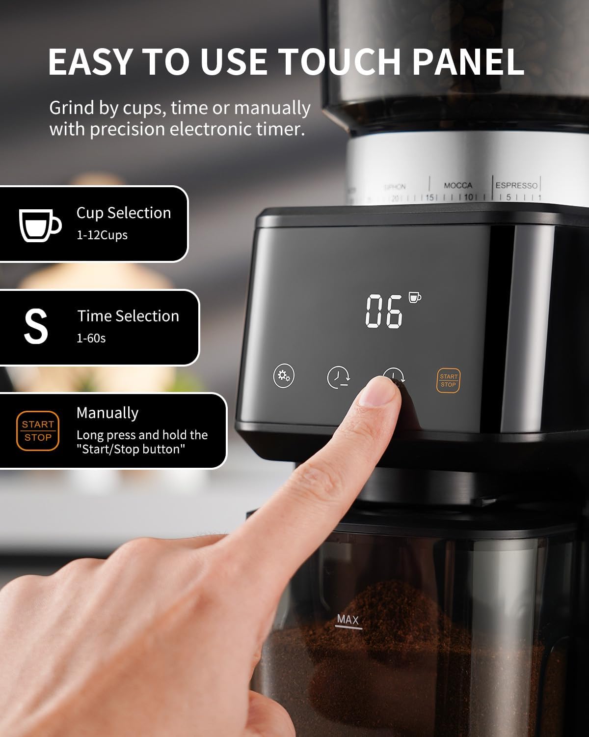 Conical Burr Espresso Coffee Grinder Electric with Precision Timer 2.0 – detail