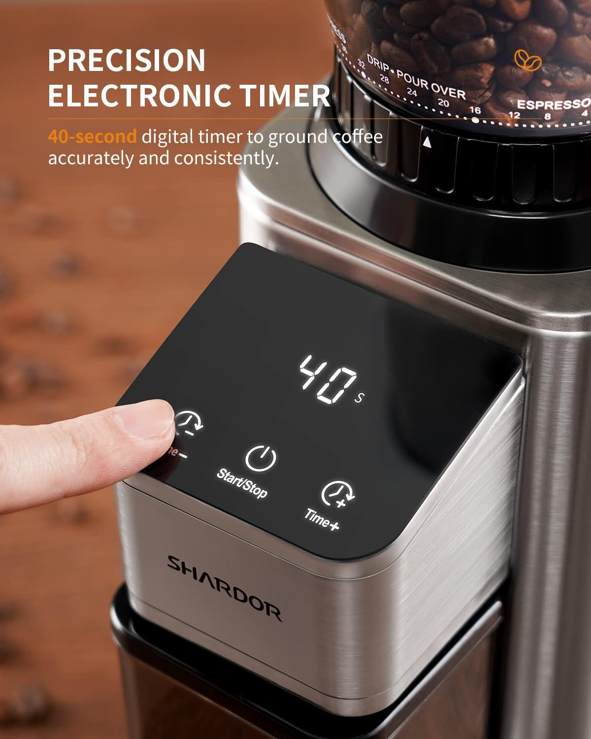 Conical Burr Coffee Bean Grinder, Anti-Static, 48 Settings, Silver – features