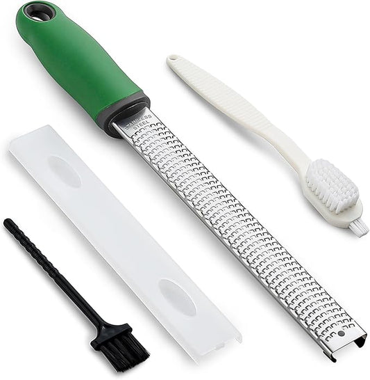 Koythin Zester, Lemon Zester & Cheese Grater with Brush, Heavy Duty Kitchen Tool for Zesting Citrus, Parmesan Cheese, Chocolate, Ginger, Fruits, Stainless Steel with Handle and Cover (Green)