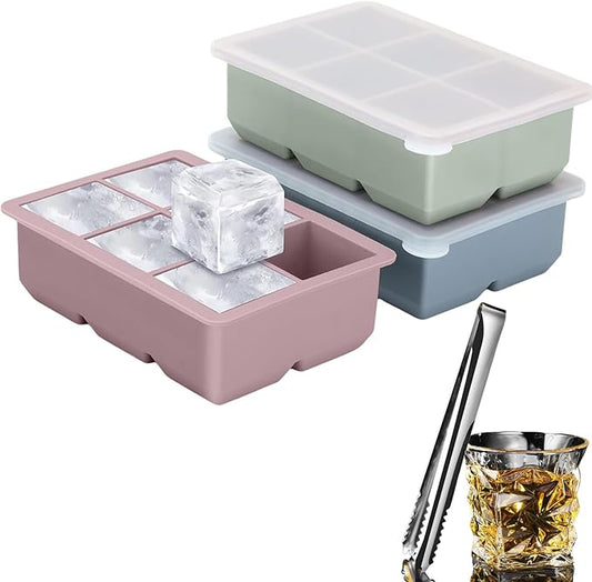 Large Silicone Ice Cube Trays with Lid, 6 Big Ice Cubes per Tray, Include 19.5cm/7.7in Ice Tongs - Perfect for Freezer, Whiskey, Cocktails