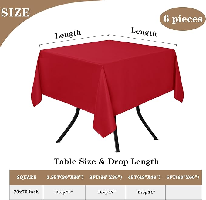 Tablecloths, Red Square Polyester, 6 Pack for Coffee and Dining Tables