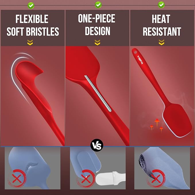 Walfos Silicone Spatula Set of 5-600°F Heat Resistant Kitchen Scraper Spatulas, Strong Steel Core and One-Pieces Seamless Design, Great for Cooking Mixing & Baking - BPA Free & Dishwasher Safe (Red)