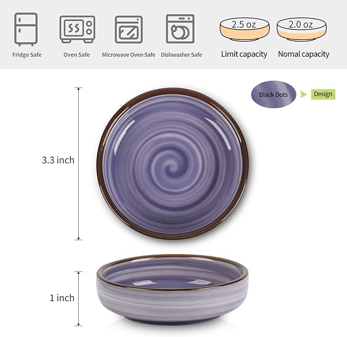 Selamica Ceramic 2.5 OZ Soy Sauce Dish Dipping Bowls Set of 6, 3.3 Inch Small Side Dish Pinch Bowls, Mini Bowls for Condiments, Ketchup, BBQ, Sushi, Gradient Color