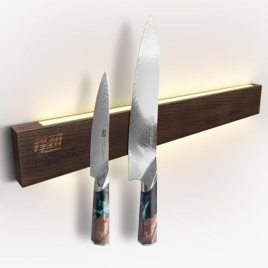 FINDKING 18 Inches Lighted Magnetic Knife Strip, Backlit LED Utensil Holder for Wall and Refrigerator, Magnet Knife Rack for Home Kitchen, No Drill (Ash Wood, Dark Brown)