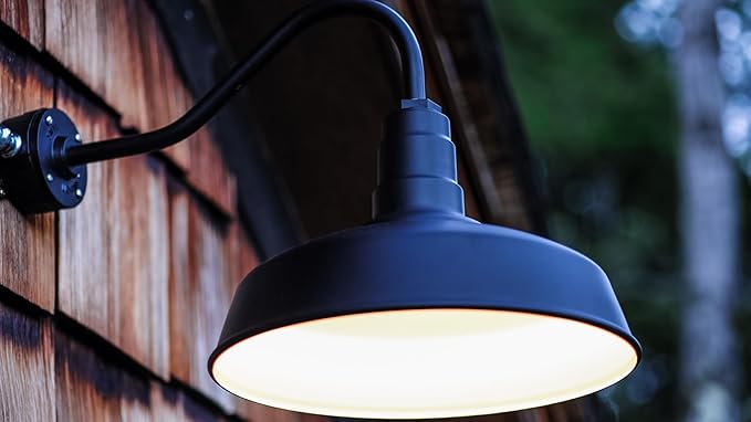 Steel Lighting Co. Gardena Barn Light | Outdoor Wall Mounted | 16" Dome | 11" Gooseneck | Farmhouse Light Made in America | Matte Black Exterior/Brass Interior