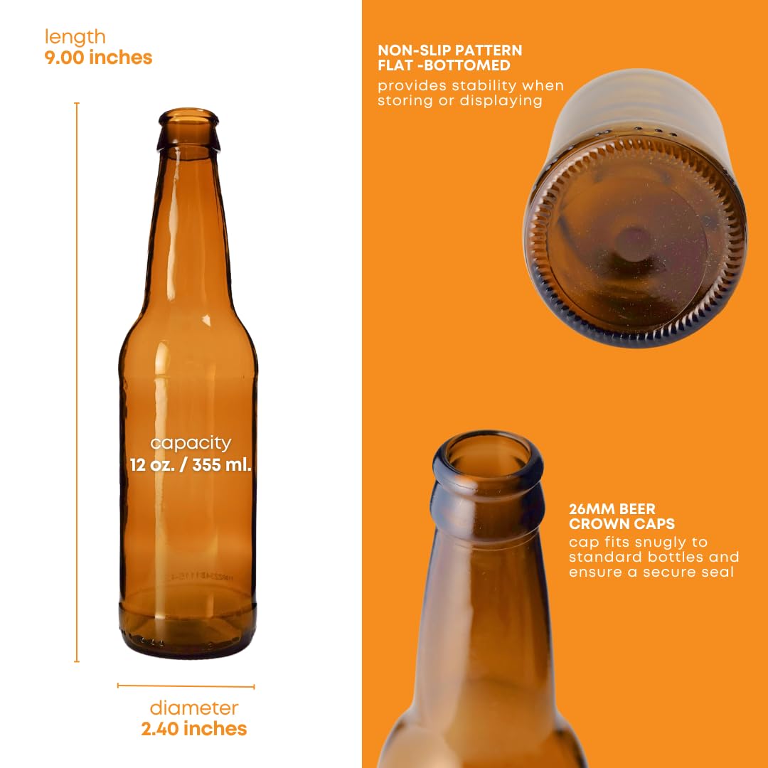 Amber Beer Bottles 12oz (Pack of 24) | Longneck Glass Beer Bottles with Pry-off – close-up