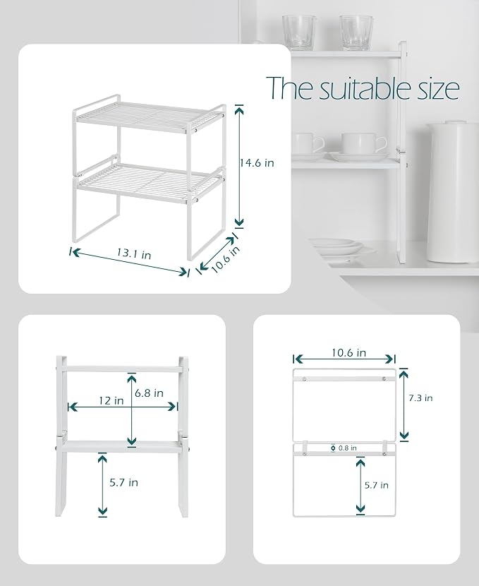 Kitchen Cabinet Shelf Organizer Rack, 2-Pack, Stackable White Metal