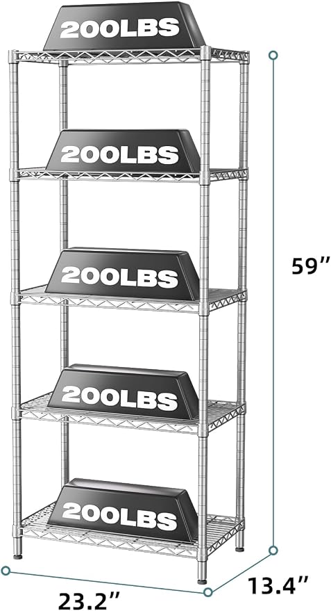 5-Tier Standing Shelf Unit, Gray Metal Wire Shelving, Adjustable