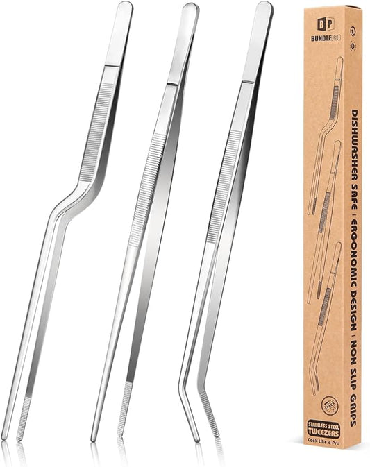 Fine Cooking Tweezers Set, Professional Stainless Steel Food Tongs, Kitchen Black Long Chef Tweezer for Cooking, Plating, Decorating and BBQ (SILVER, 12 inch)