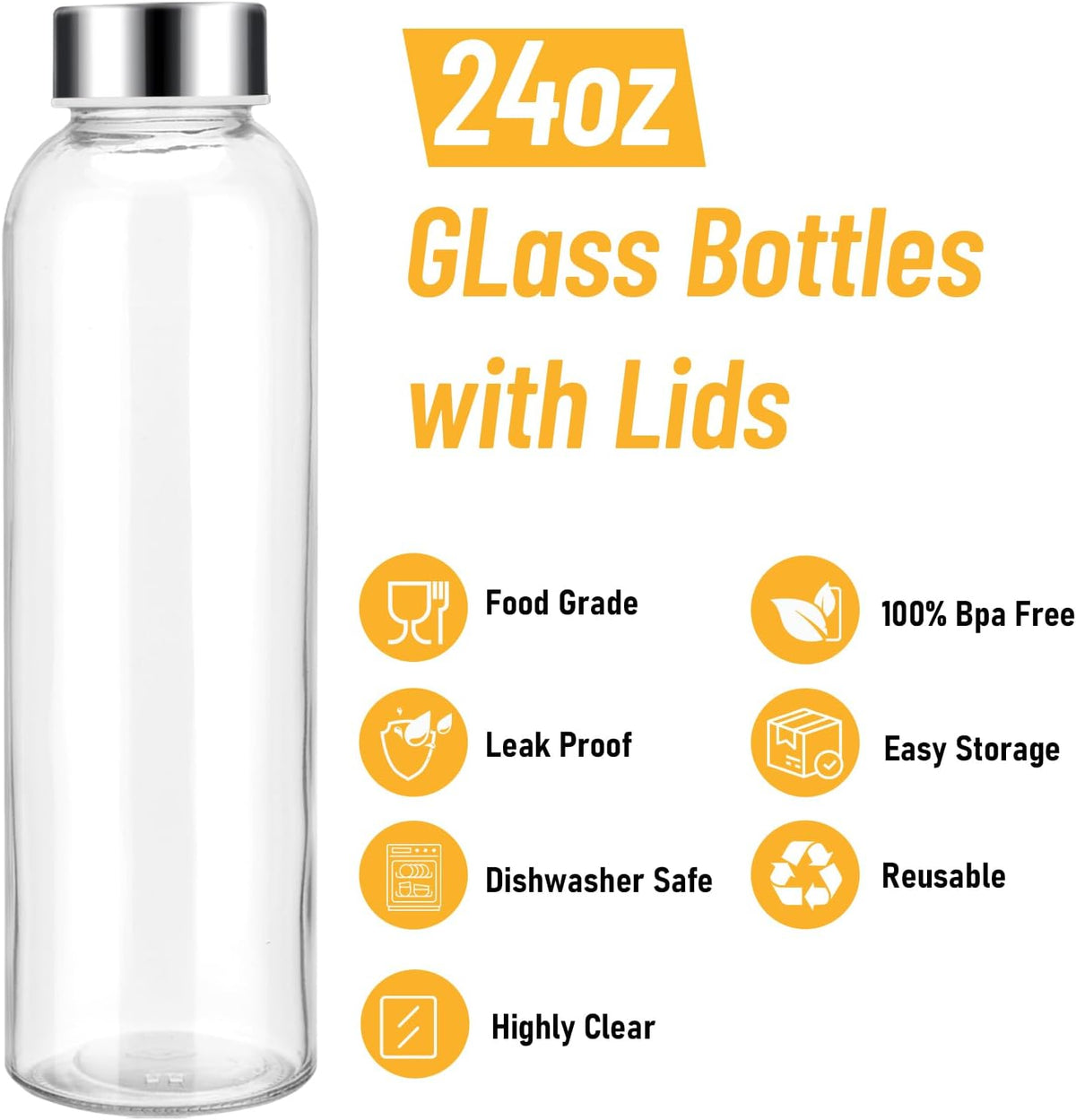 24 oz Glass Water Bottles with Lids, Juice Bottles, 10-Pack – close-up