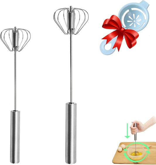 Semi-automatic Whisk, Stainless Steel Egg Beater, Hand Push Rotary Whisks Mixer Stirrer for Making Cream, Whisking, Beating and Stirring (10+12Inch)