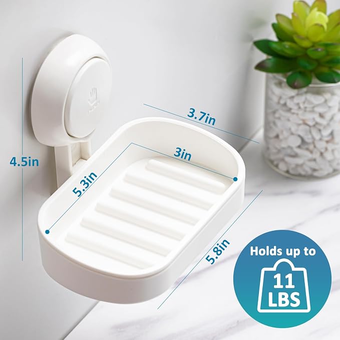 Soap Dish with Suction Cup, Drill-Free Wall Mount, White, 2 Pack