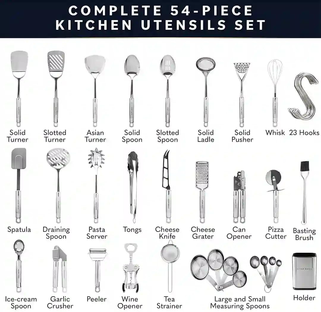 54-Piece Stainless Steel Kitchen Utensils Set - Heat-Resistant Nonstick – detail