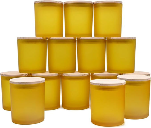 10 OZ Thick Candle Jars for Making Candles 15 Pcs, Empty Jars with Wood Lids for Candle Making, Sample Container, Frosted Yellow