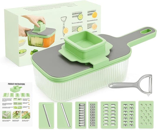 Multifunctional Mandoline food Slicer & Vegetable Chopper with Container – 6-in-1, mandolin, Cutter, Grater, Potato Slicer, Tomato Cutter, Cabbage Shredder & Fruit/Veggie Shredder -Safe & Easy to Use