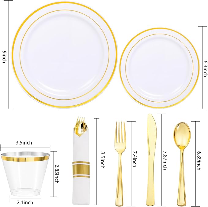 Plates Set, White and Gold Disposable Dinnerware for 50 Guests