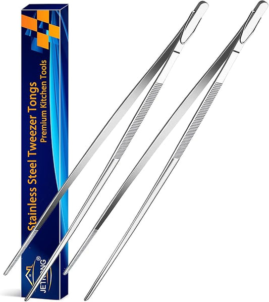 JETKONG 2 Pieces Extra-Long Tweezer Tongs 12-Inch Stainless Steel Tweezers Chef Tweezers