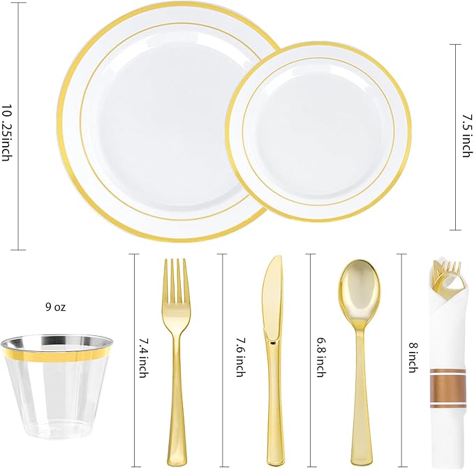 Plates with Gold Rims: 100 Dinner and Salad Plastic Plates