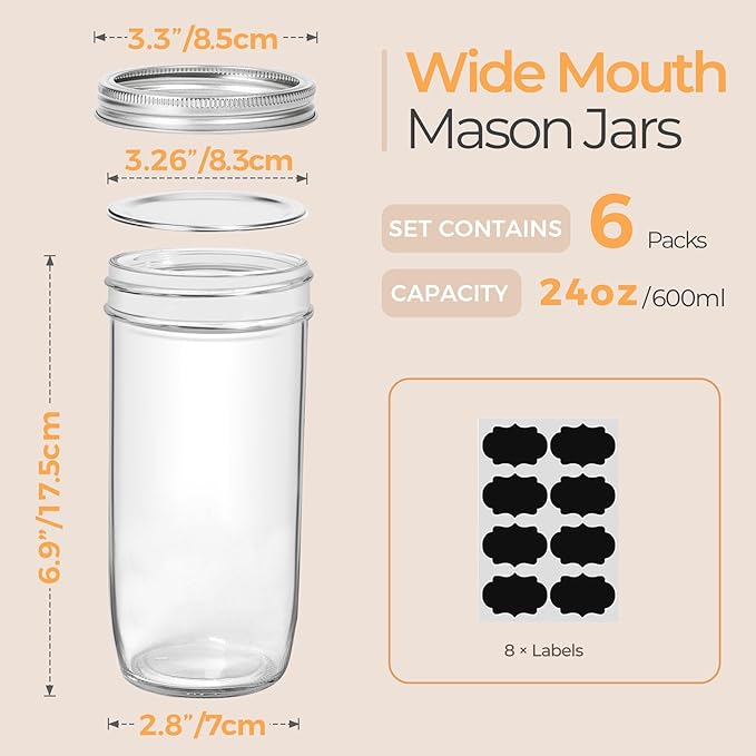 Mason Jars 24 oz Wide Mouth Glass Set of 6 with Lids and Bands