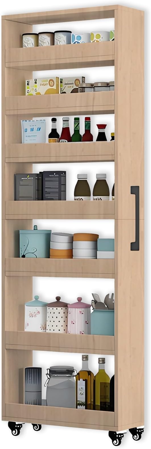 7-Tier Slim Storage Cart, Wooden Rolling Pantry Cabinet with Wheels, Narrow Shelf Organizer for Kitchen, Bakers Rack, Dining Room, Closet, Small Spaces Light Walnut 47.2" H*5.9" W*23.6" D