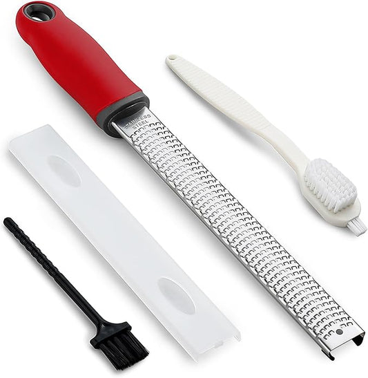 Koythin Zester, Lemon Zester & Cheese Grater with Brush, Heavy Duty Kitchen Tool for Zesting Citrus, Parmesan Cheese, Chocolate, Ginger, Fruits, Stainless Steel with Handle and Cover (Red)