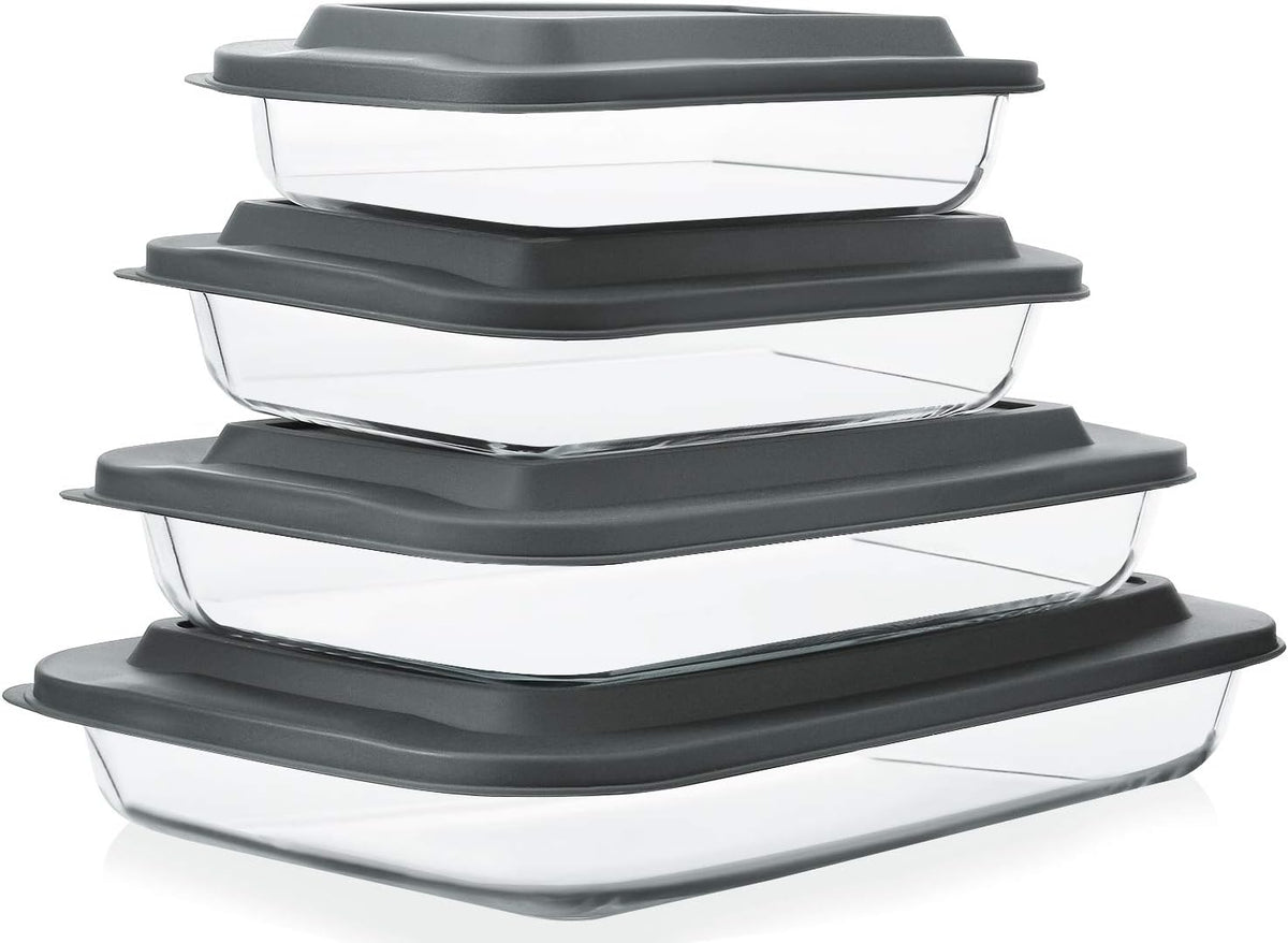 8 Piece Deep Glass Baking Dish with Lids, BPA free,Gray