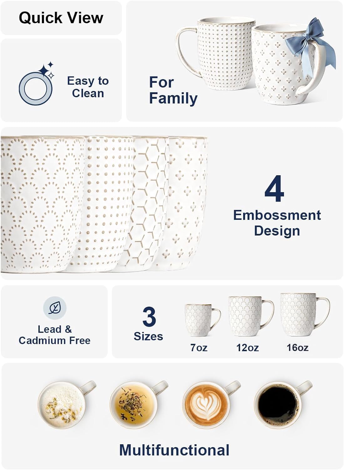 Ceramic Coffee Mugs Set of 4, 16 oz, Embossed, Arctic White – features