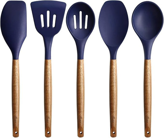 Miusco Non-Stick Silicone Kitchen Utensils Set with Natural Acacia Hard Wood Handle, 5 Piece, Midnight Blue, BPA Free, Baking & Serving Silicone Cooking Utensils