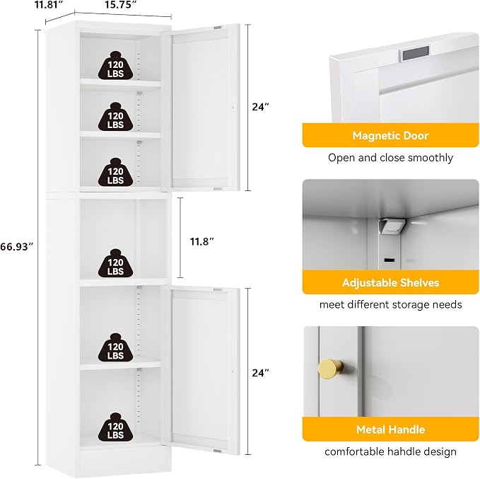 Pantry Cabinet, Tall Slim Metal with 2 Doors and 3 Shelves