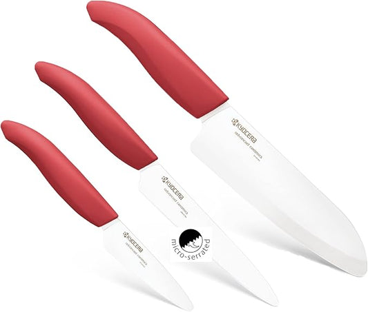 Kyocera 3-Piece Ceramic Knife Set: Includes 6-inch Chef's Knife, 5-inch Micro Serrated Knife, and 3-inch Paring Knife - Red Handles with White Blades