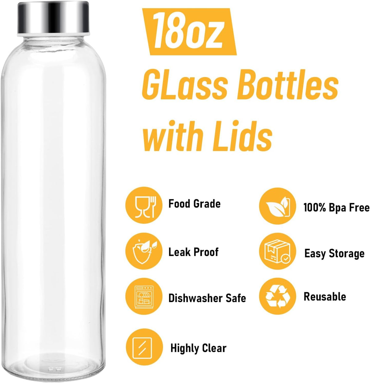 [12 Pack] 18 oz Glass Water Bottles with Lids, Juice Bottles, Clear glass juice – close-up