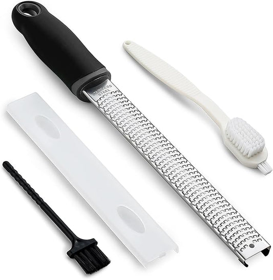 Koythin Zester, Lemon Zester & Cheese Grater with Brush, Heavy Duty Kitchen Tool for Zesting Citrus, Parmesan Cheese, Chocolate, Ginger, Fruits, Stainless Steel with Handle and Cover (Black)