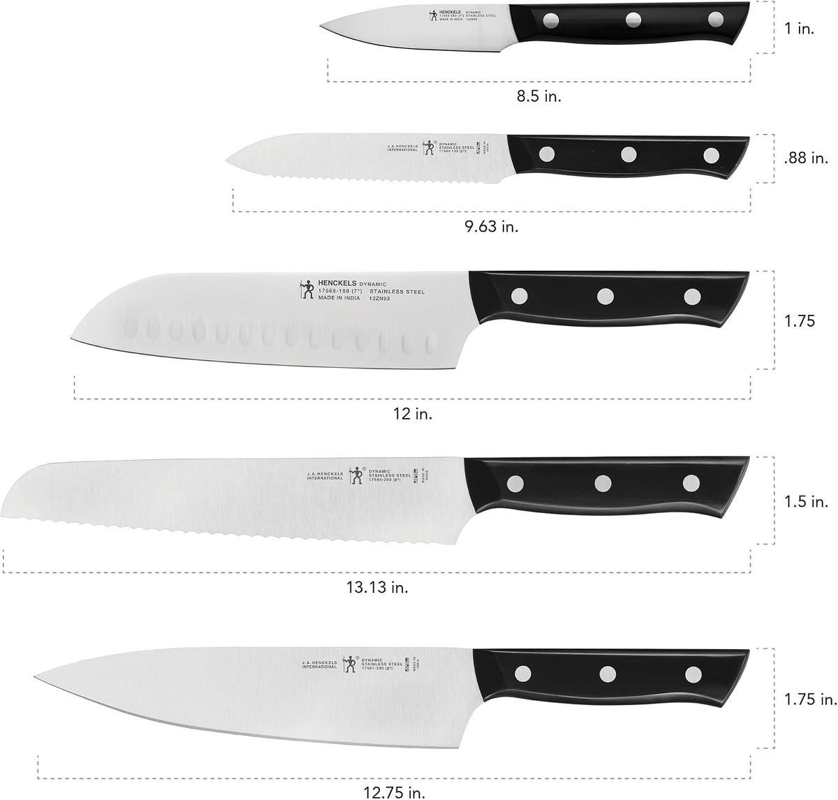 Dynamic 5-Pc Knife Set with Chef, Bread, Utility, Paring, Santoku – close-up
