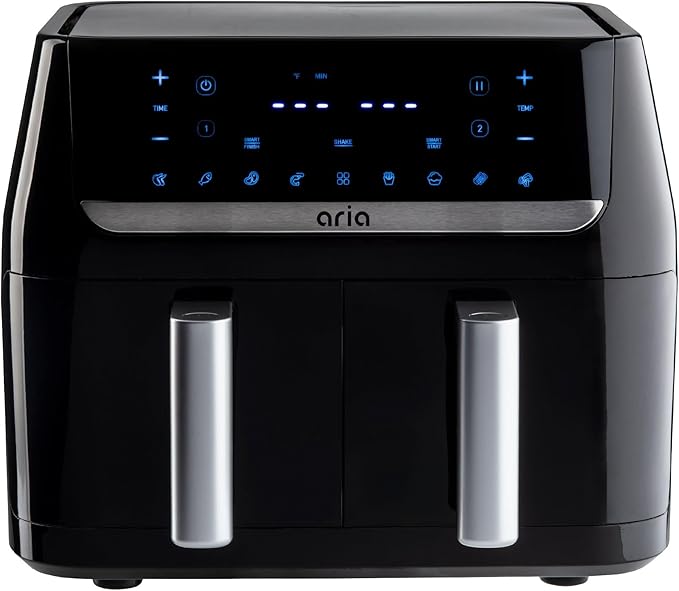 Aria 10 Qt Dual Air Fryer with 2 Baskets, Smart Sync Dual Air Fryers, Easy Clean Dishwasher Safe Double Basket, Large Sized for Family Meals, XL Touchscreen Display, 8 Meal Presets, Black