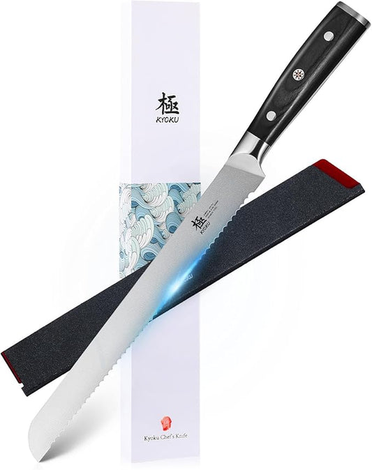 KYOKU 10" Serrated Bread Knife, Samurai Series Serrated Knife for Homemade Bread Pastries with Pakkawood Handle, Japanese High Carbon Steel Cake Knife, Full Tang Bread Cutting Knife with Sheath & Case