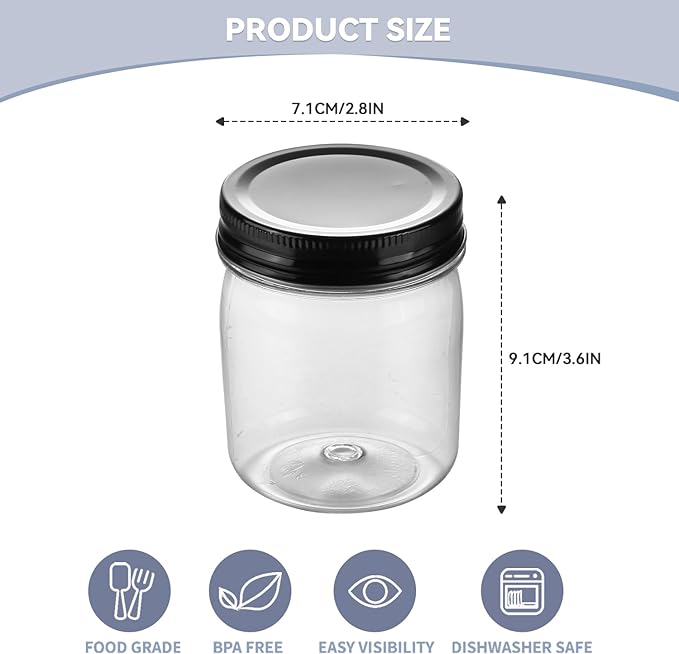 Food Jars 8 oz Clear PET Plastic Canisters, 48 Pack with Metal Lids