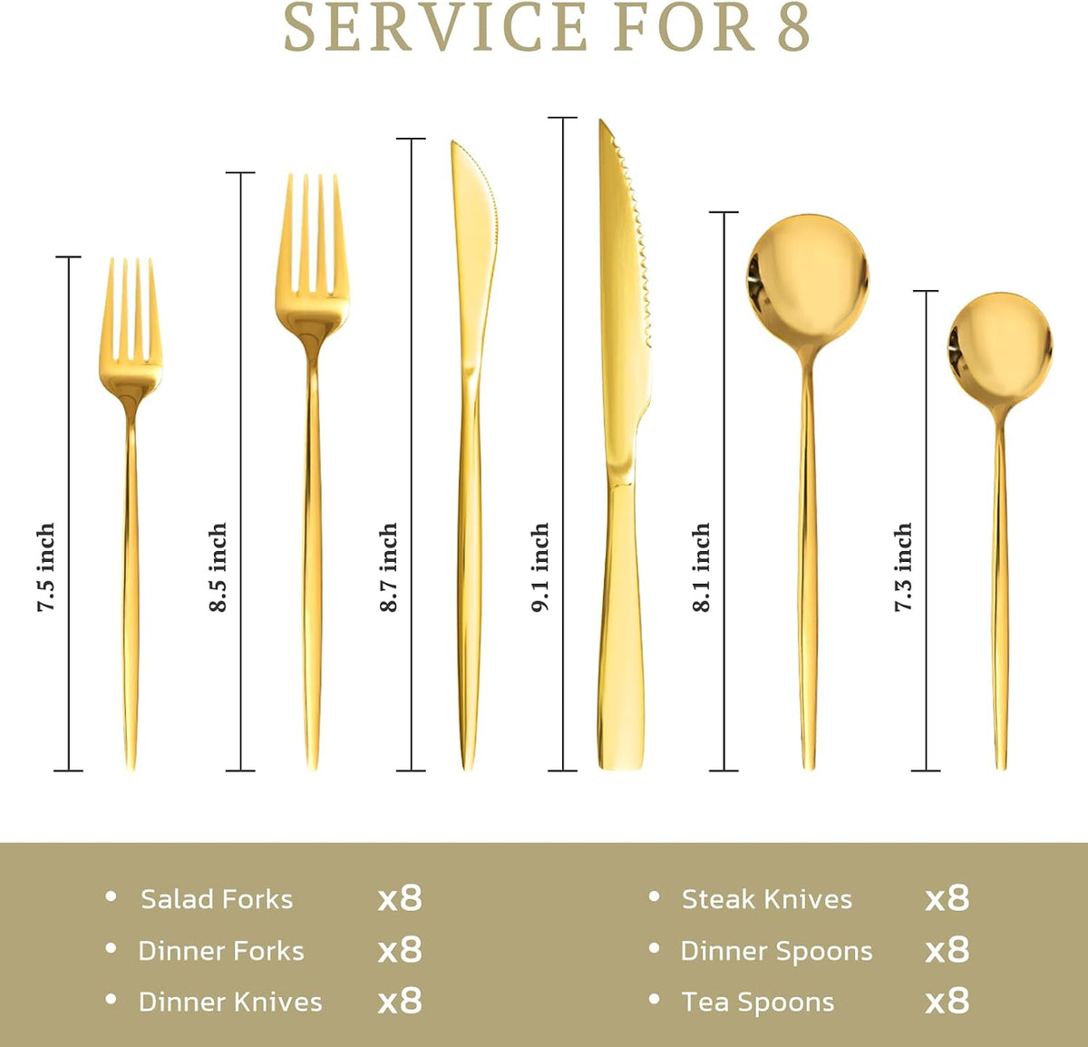 Silverware Set 48-Piece Gold Flatware Set with Steak Knives Food-Grade – size reference