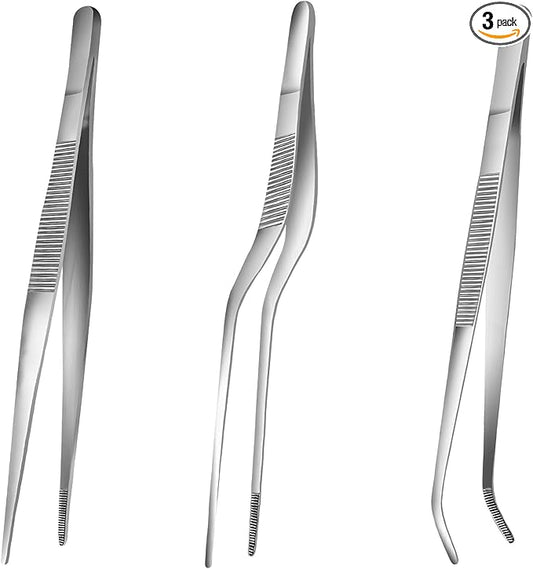 8-Inch Kitchen Tweezers Tongs Stainless Steel Kitchen Tweezers for Cooking Chef Tweezer Professional Skinny Culinary Tongs for Pasta Food Plating BBQ (3PCS)