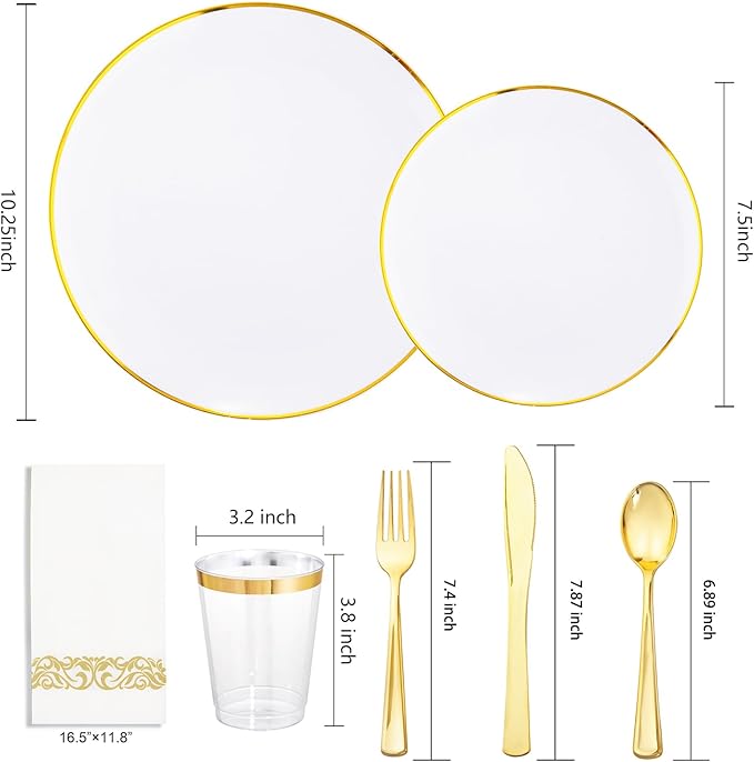 Disposable Plates Set, 350 Pieces, White with Gold Rim for 50 Guests