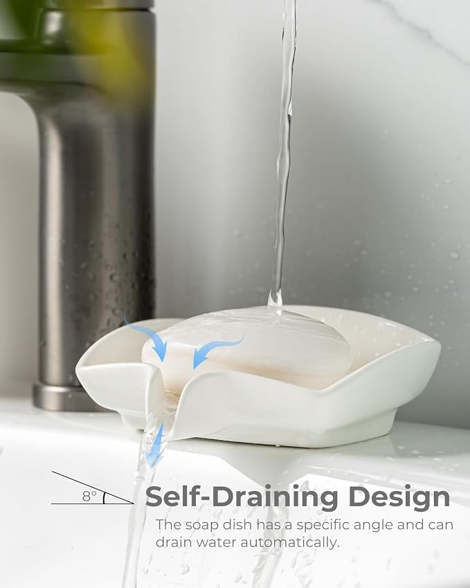 Soap Dish, White Ceramic Self-Draining Bar Soap Holder