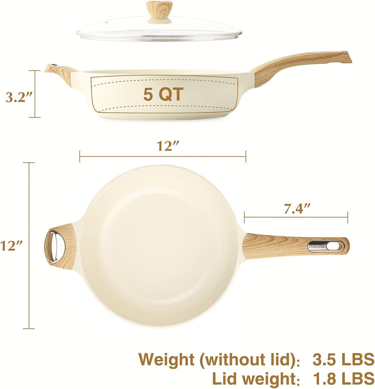 Ceramic Nonstick Frying Pan Skillet with Lid, 12 Inch Large Deep Frying Pan, 5 – size reference
